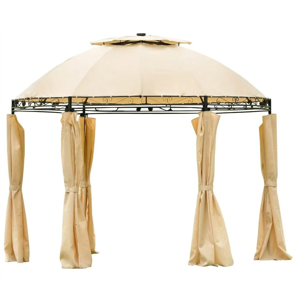Gazebo da Giardino in Acciaio con Tende Laterali Beige Ø 3.5m