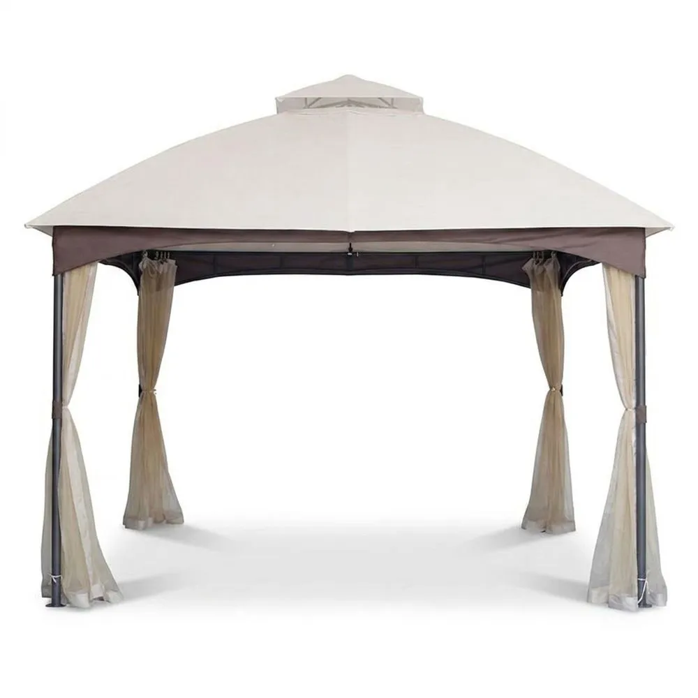 Gazebo da giardino 300x300 cm in acciaio beige e tessuto con zanzariera.