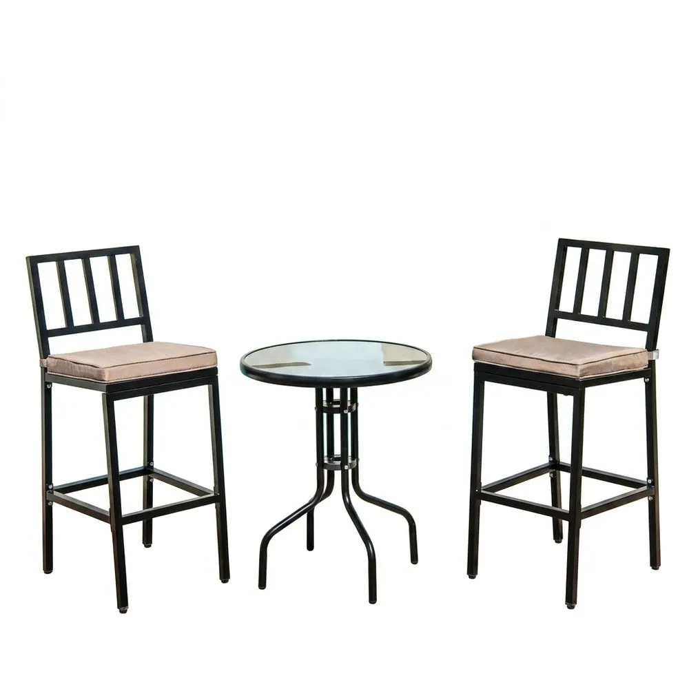 Set da giardino in acciaio nero con tavolo rotondo in vetro temperato e sedie imbottite beige.