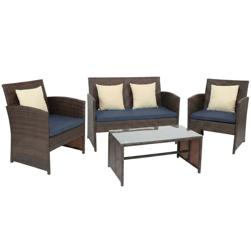 Set Salotto da Esterno in Polyrattan con Cuscini Blu