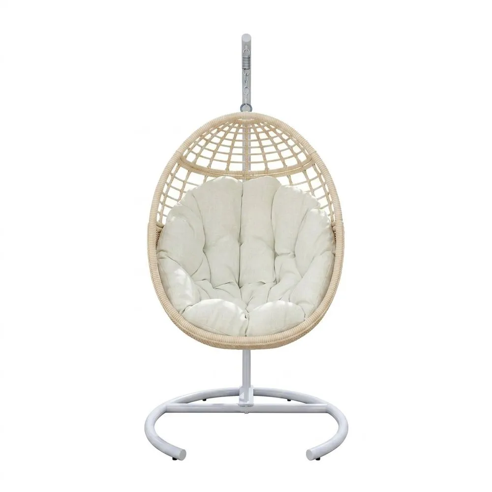 Sedia sospesa in vimini e acciaio con cuscino beige