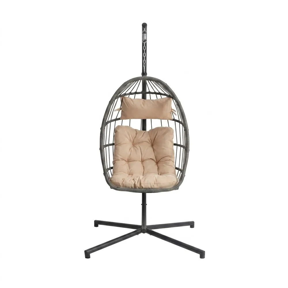 Poltrona Sospesa a Uovo in Rattan con Cuscini Beige