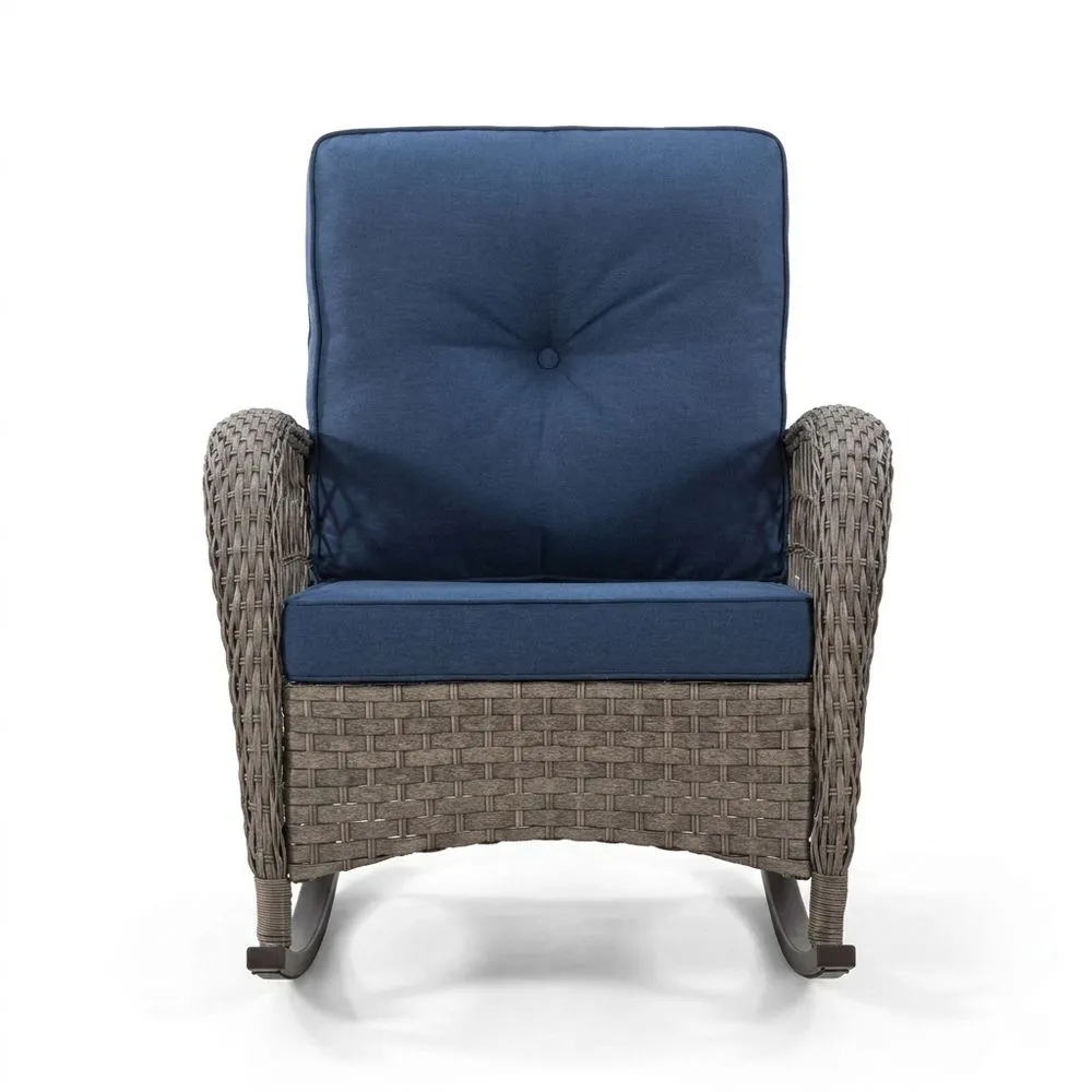 Sedia a Dondolo in Rattan Sintetico con Cuscini Blu