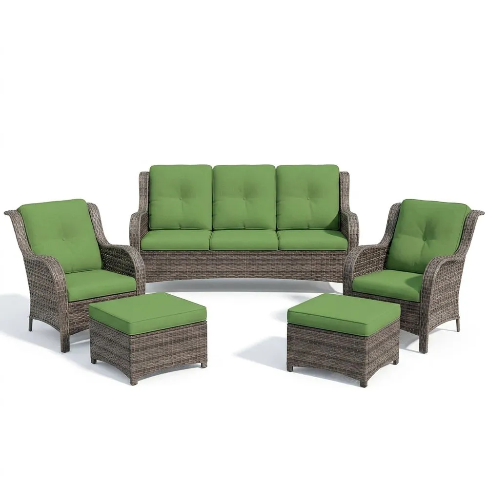 Set salotto da giardino in rattan sintetico grigio con cuscini verdi
