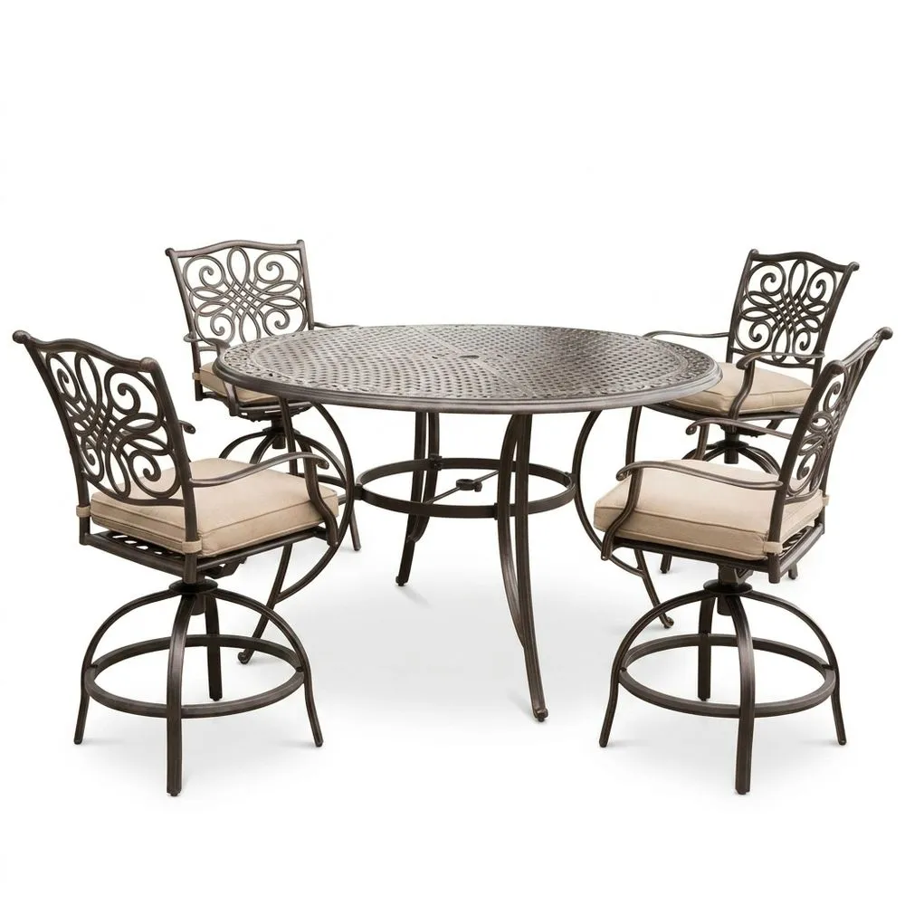 Set di Mobili da Giardino in Alluminio con Tavolo Rotondo e 4 Sedie con Cuscini Crema