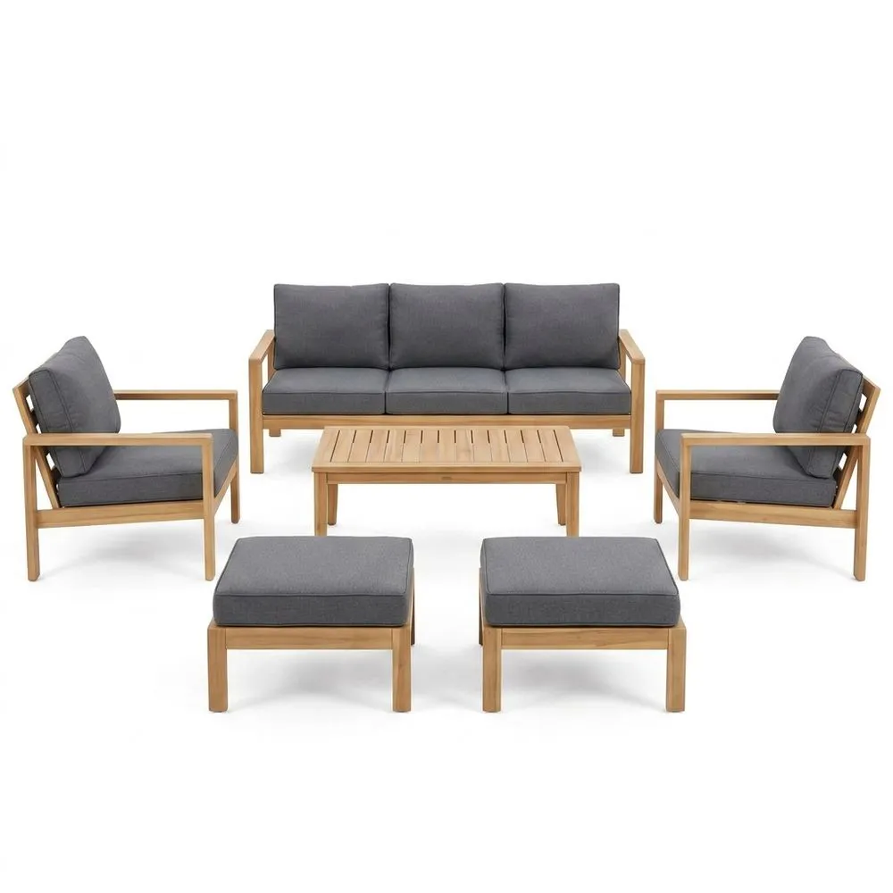Set da giardino composto da 6 pezzi in teak e tessuto grigio, con divano e tavolino.