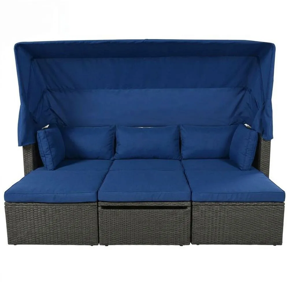 Divano in Rattan Sintetico con Cuscini Blu e Tettoia Regolabile