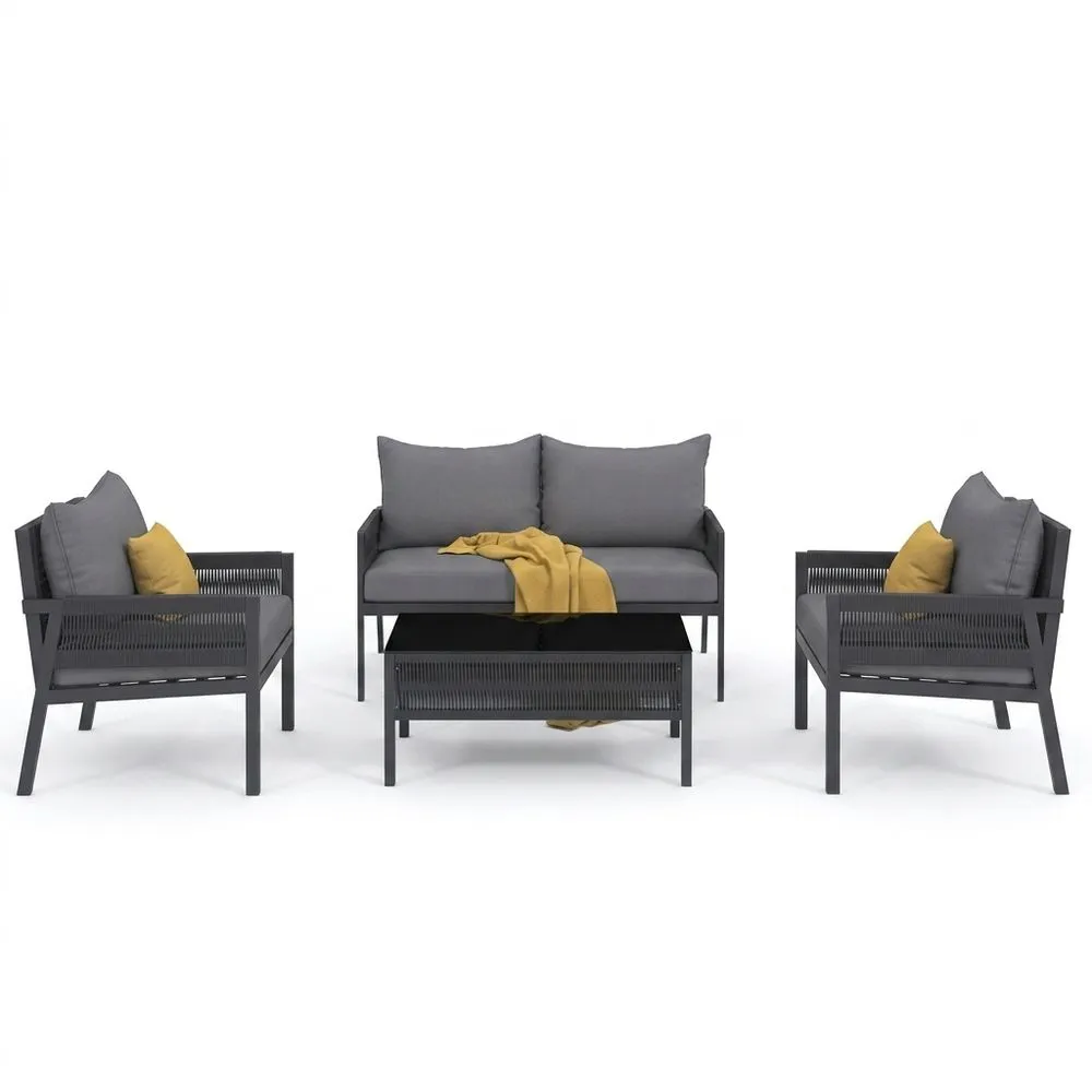 Set salotto da giardino in alluminio e poliestere grigio con cuscini