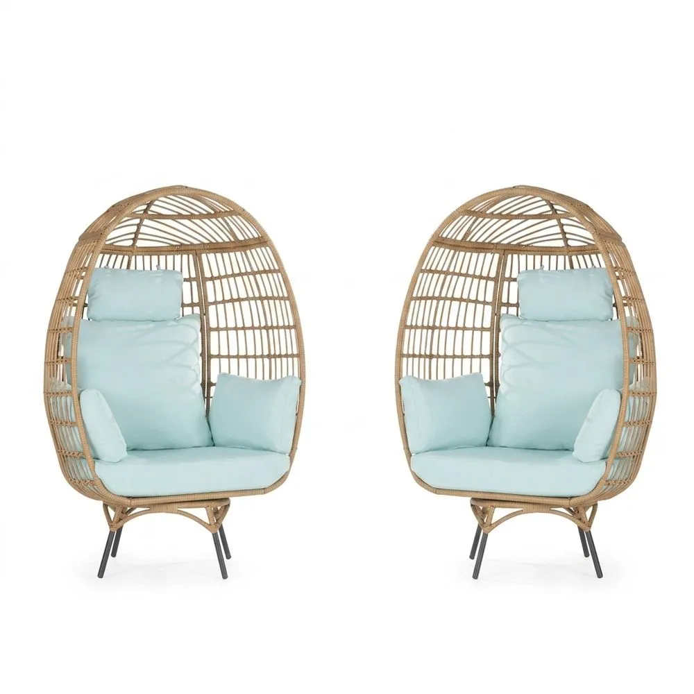 Set di 2 Poltrone a Uovo in Rattan Sintetico con Cuscini Blu