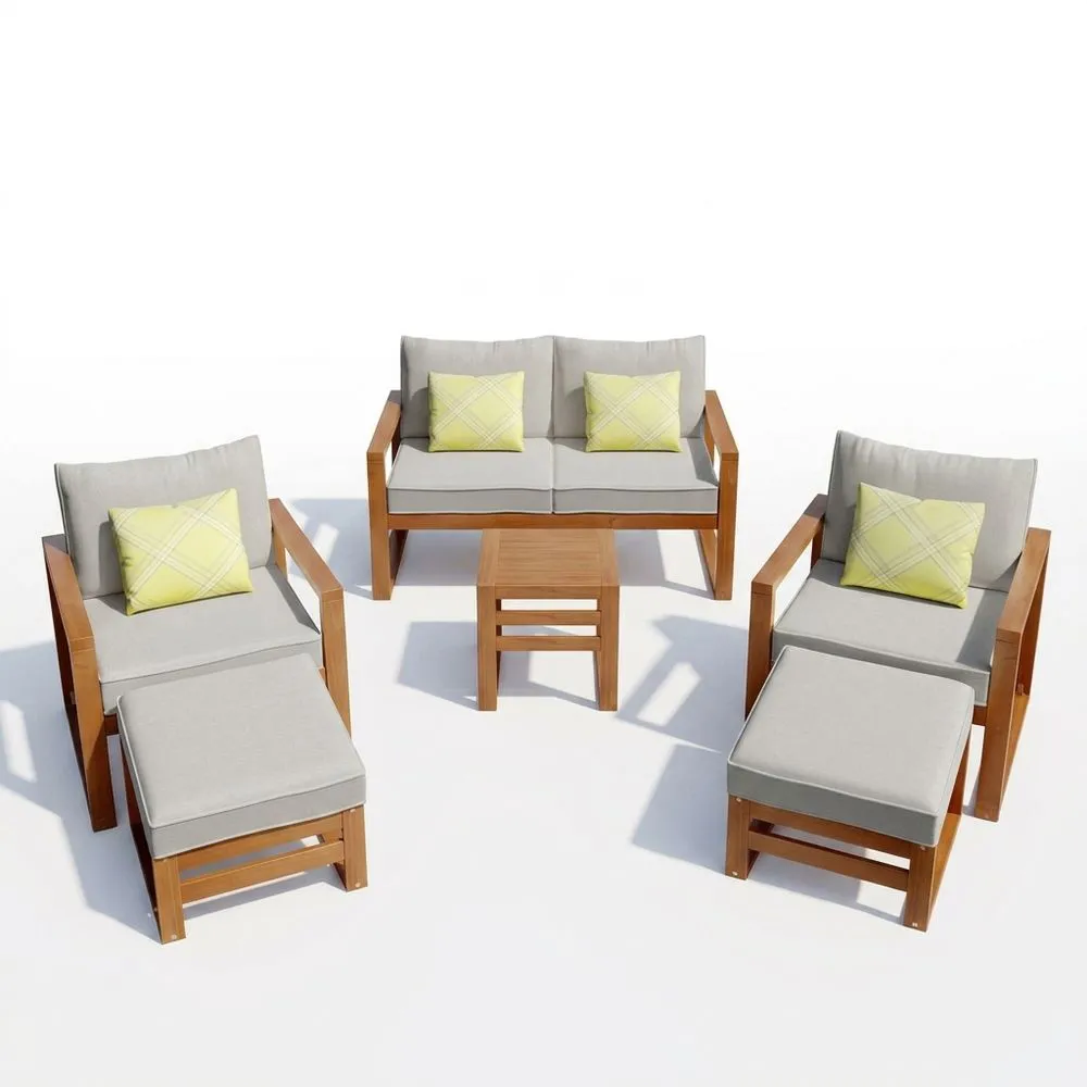 Set da salotto da giardino in legno di eucalipto con cuscini grigi e tavolino da caffè.