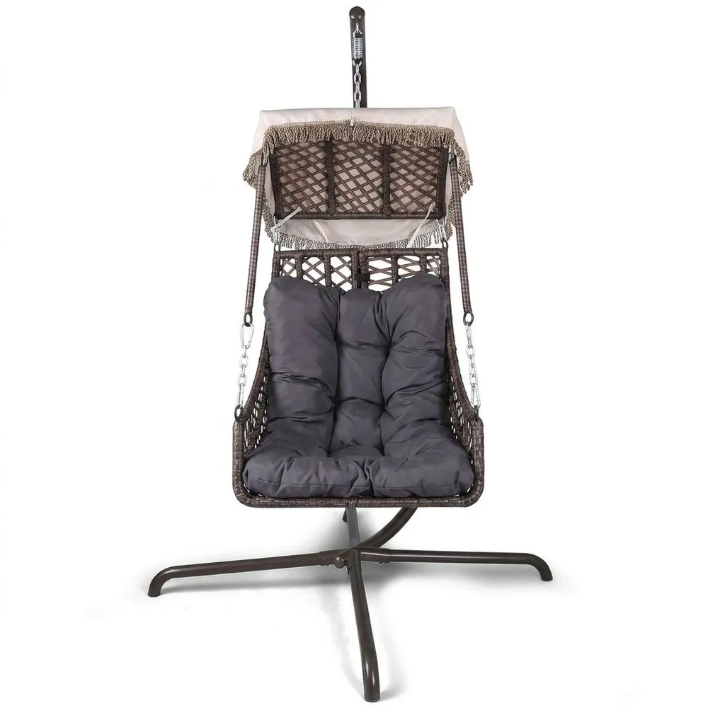 Sedia a Dondolo in Rattan e Acciaio con Cuscino Grigio