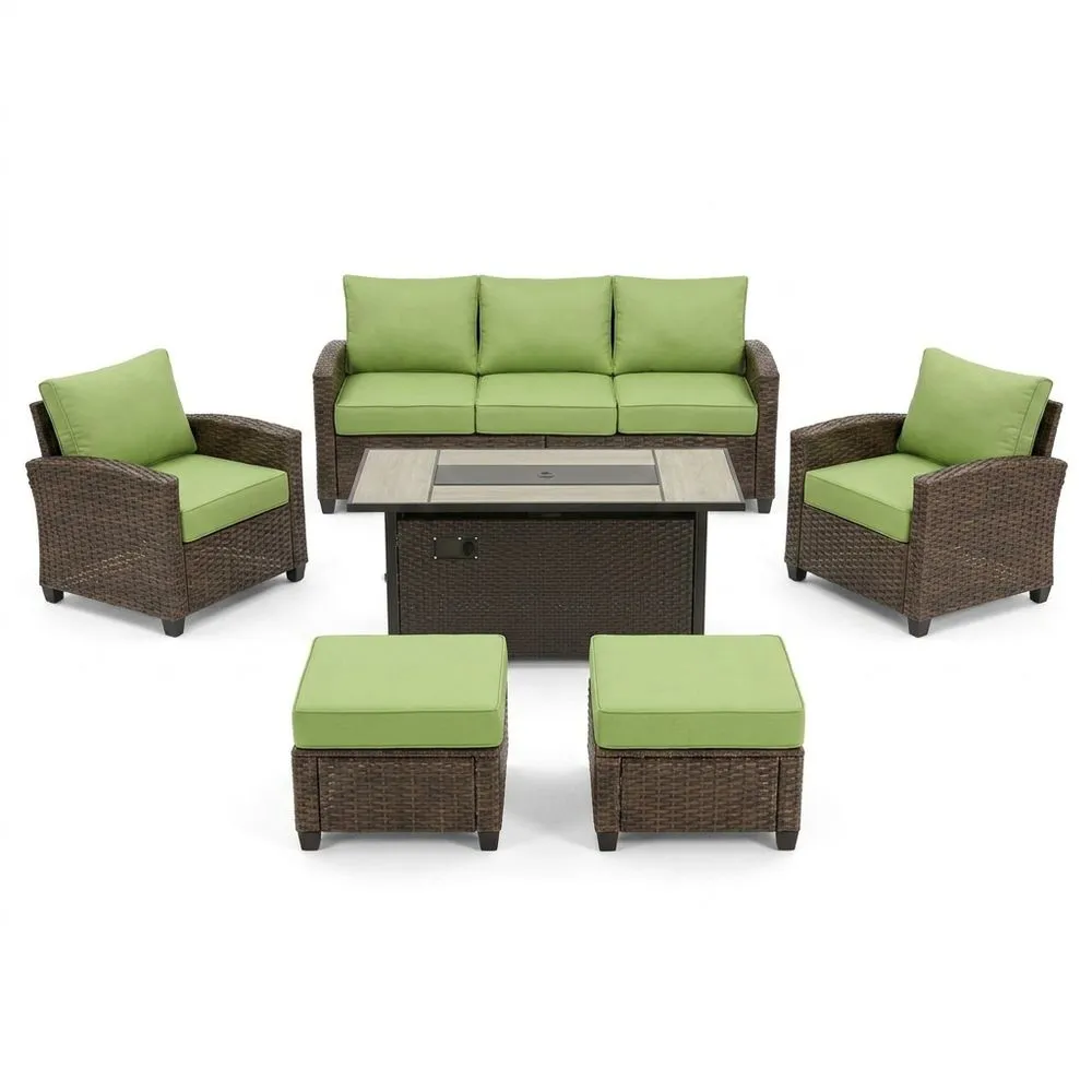 Set da giardino in rattan sintetico marrone con cuscini verdi