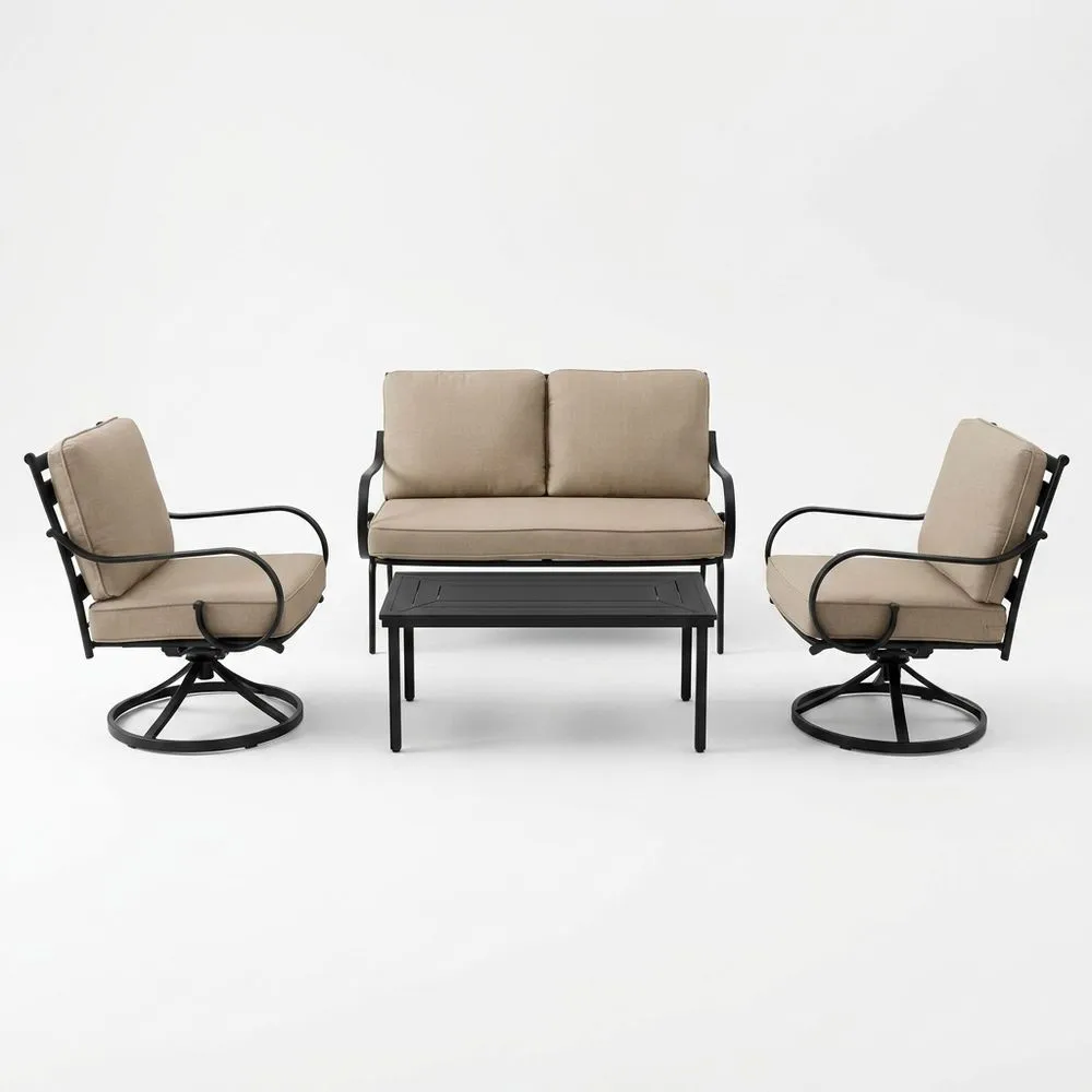 Set Mobili da Giardino in Acciaio con Cuscini in Poliestere Nero e Beige, Divano, Poltrone e Tavolino