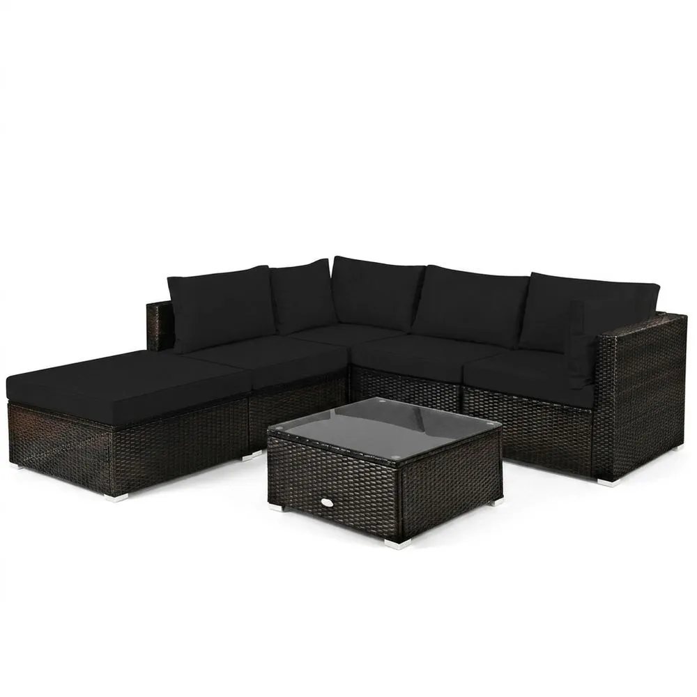 Set Divano Angolare da Giardino in Rattan Sintetico Nero con Tavolino in Vetro Temperato