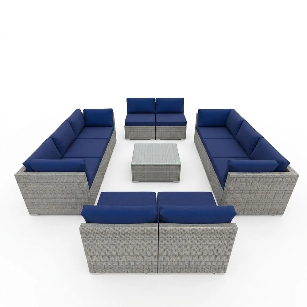 Set Divani da Giardino in Rattan con Cuscini Blu