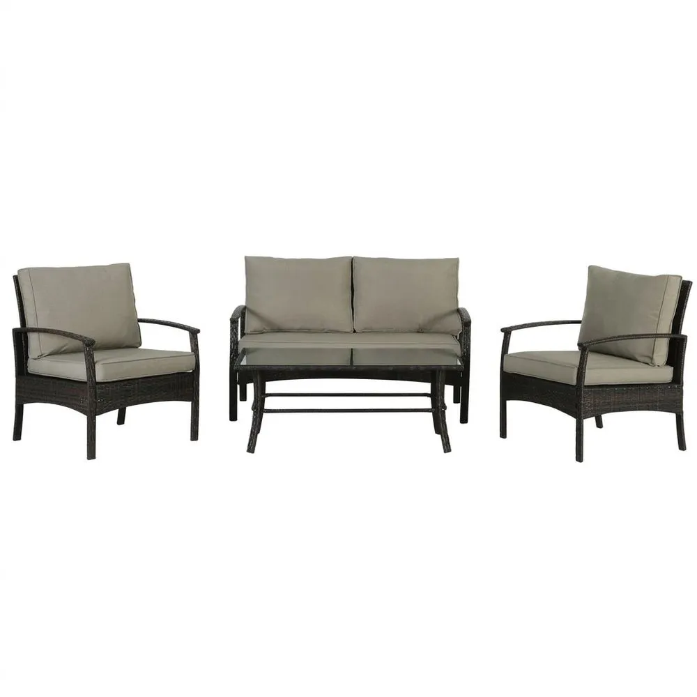 Set da Giardino in Rattan PE e Vetro Temperato Grigio con Divano e Poltrone