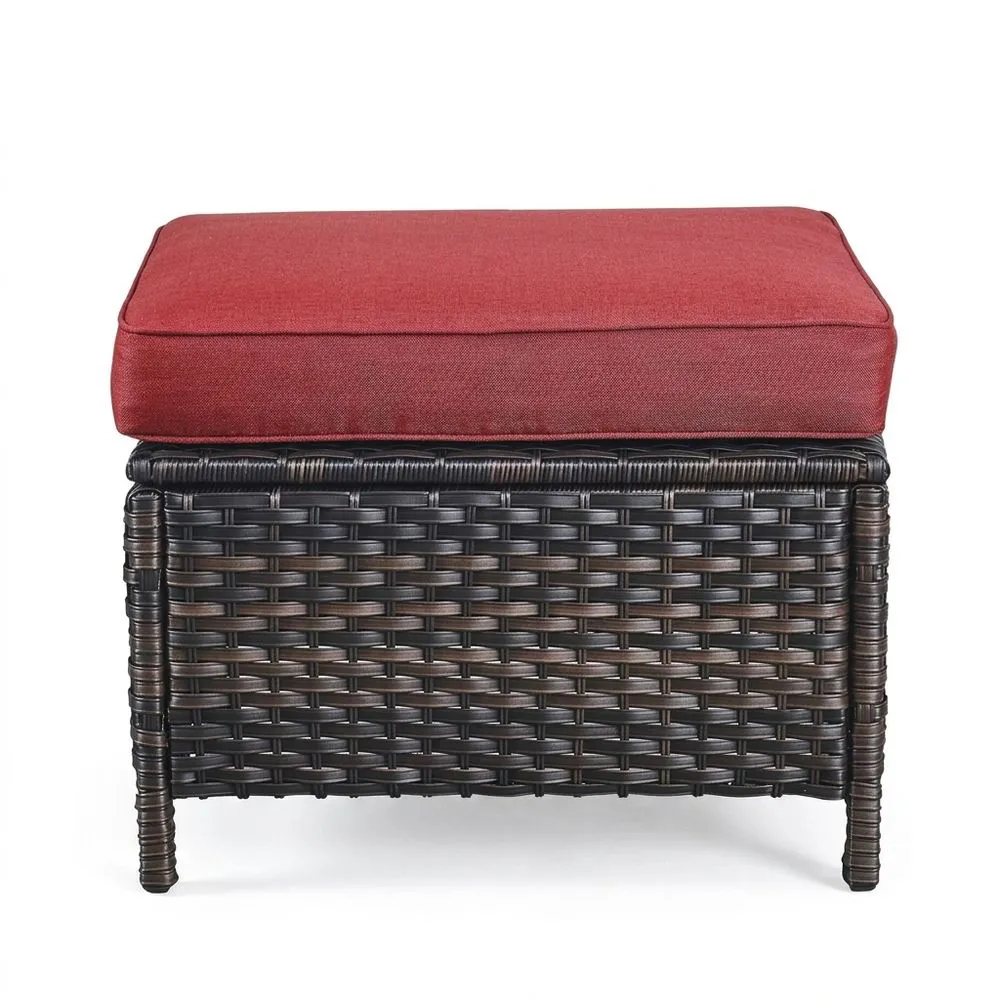 Poggiapiedi in rattan con cuscino in poliestere rosso