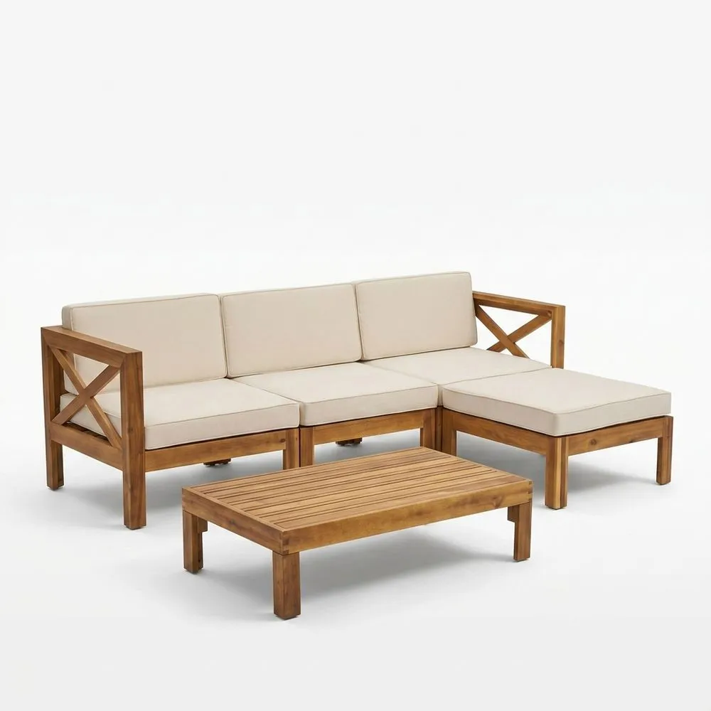 Set Divano Angolare Esterno Legno Acacia con Cuscini Beige e Tavolo