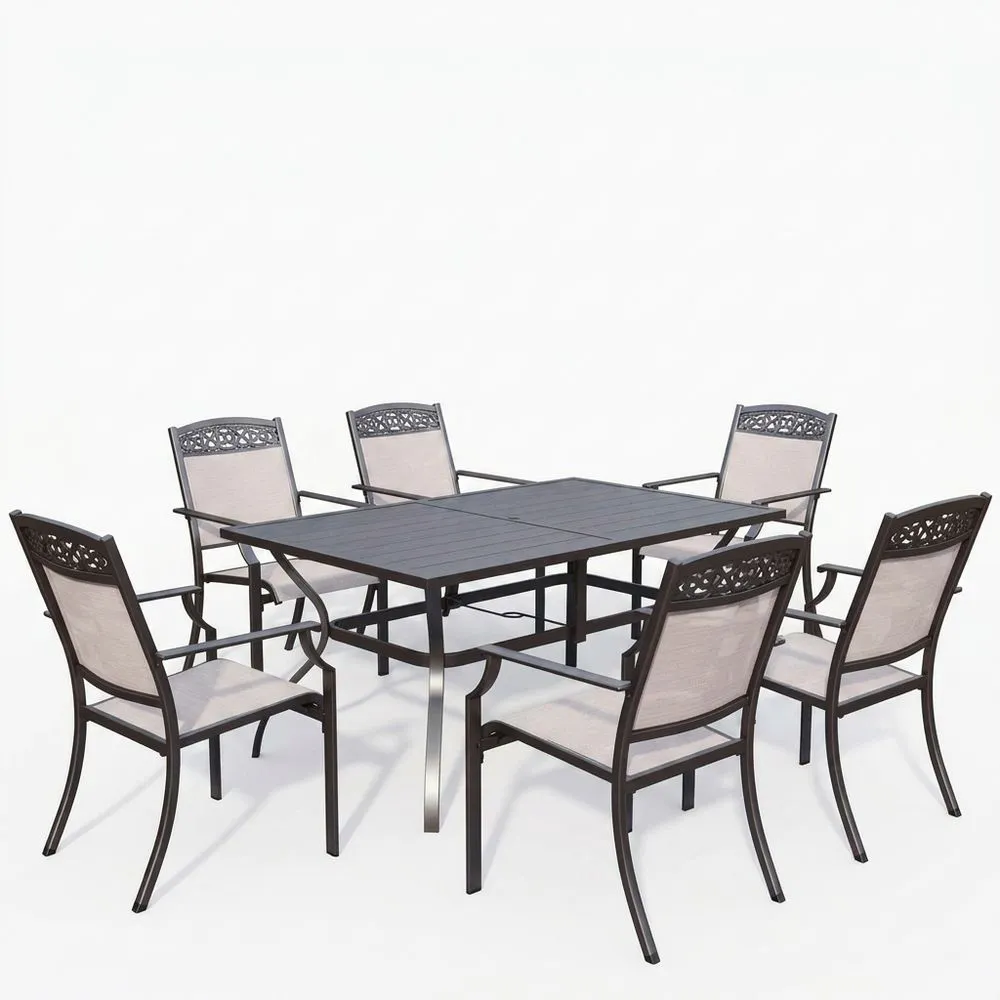 Set da pranzo per esterni composto da tavolo e sedie in alluminio nero e tessuto, include 6 sedie e 1 tavolo.