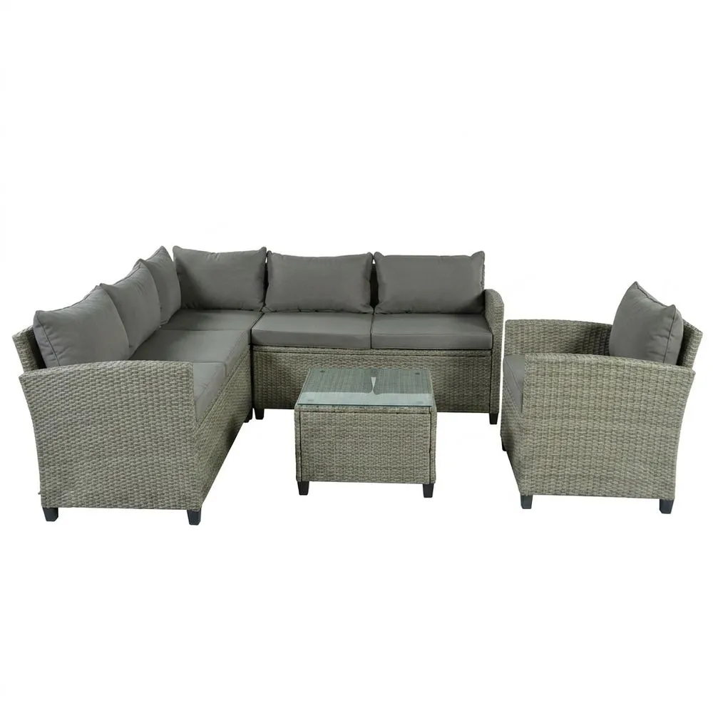 Set angolare da giardino in rattan sintetico con cuscini grigi e tavolino in vetro temperato