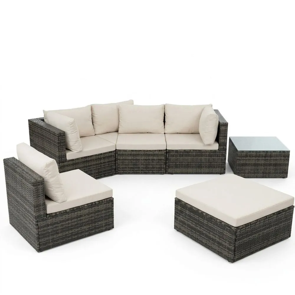 Set Divano Modulare da Giardino in Rattan PE Grigio con Cuscini Crema