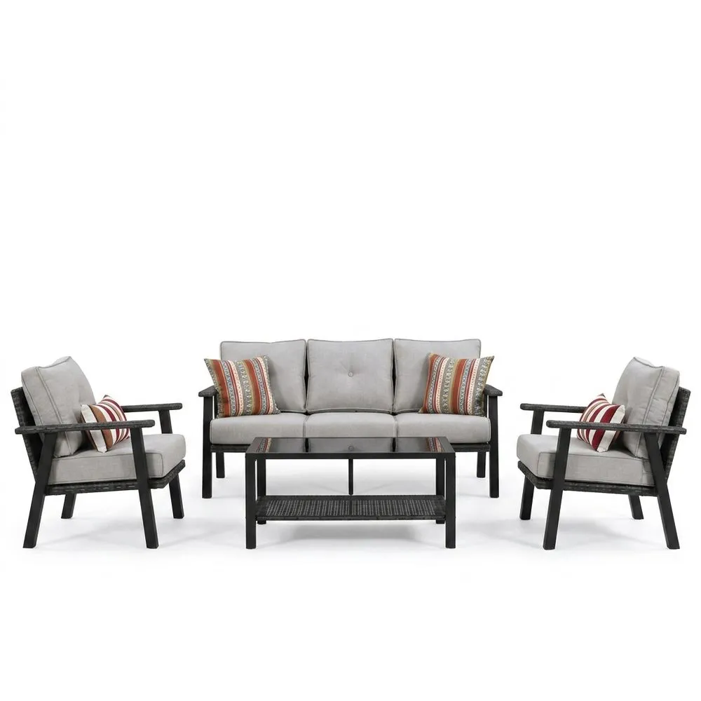 Set salotto esterno in alluminio e tessuto poliestere grigio con cuscini e tavolino