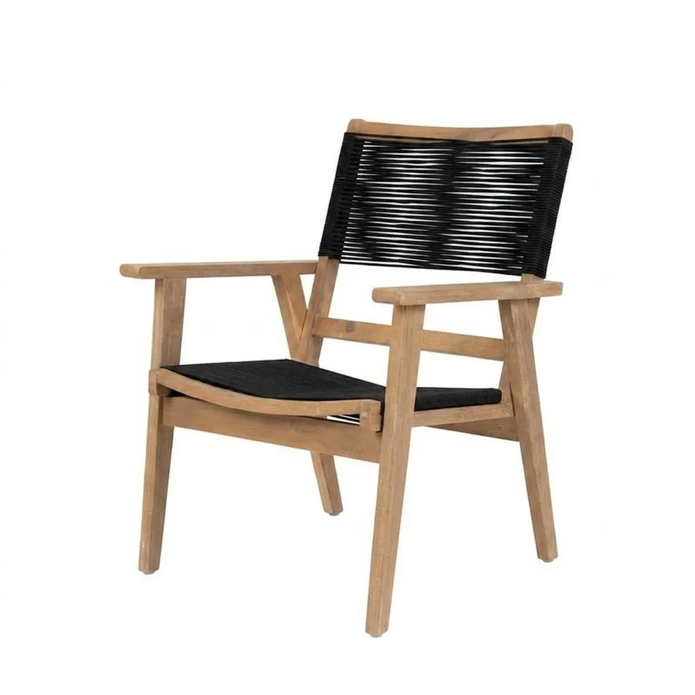 Sedia in teak e corda sintetica nera, 60x70x80 cm