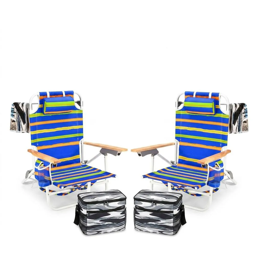Set di 2 Sedie da Spiaggia a Strisce Blu e Verde con Borse Frigo