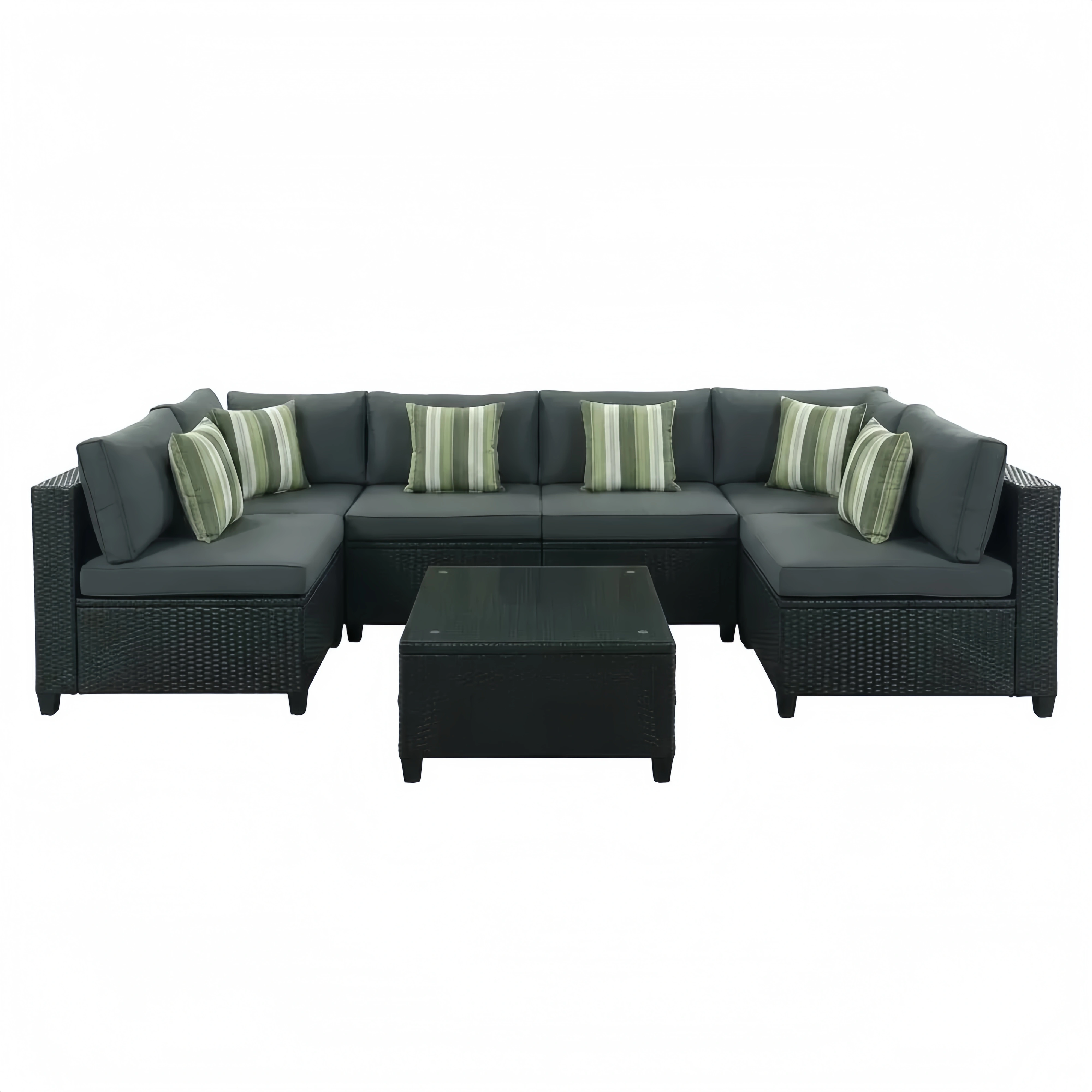 Set Divano Angolare Rattan Sintetico Nero con Tavolino in Vetro Temperato