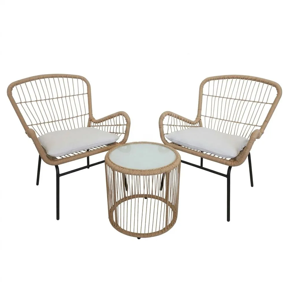 Set da Giardino con 2 Poltrone e Tavolino in Rattan Sintetico e Acciaio Beige