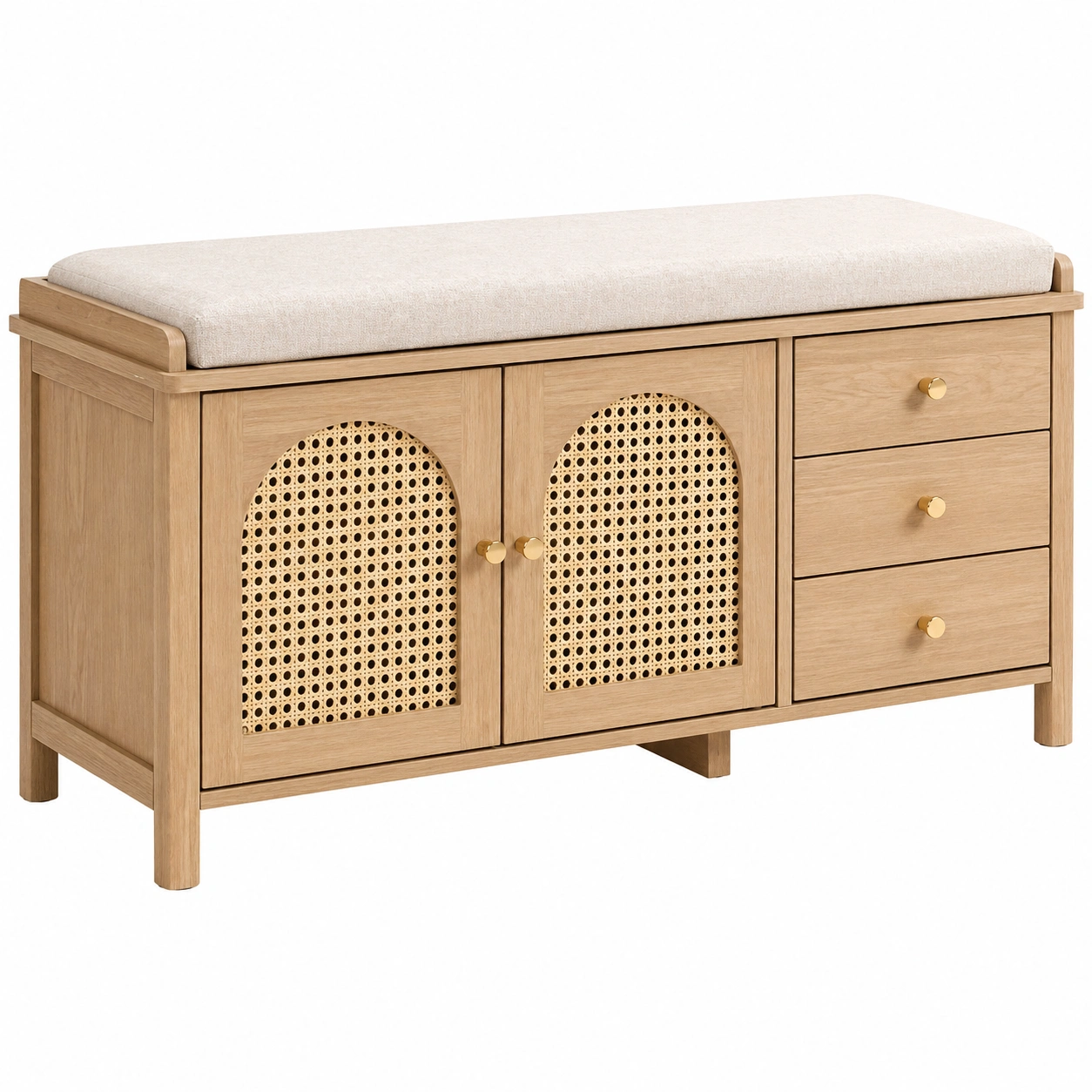 Banco Zapatero Multifuncional de Madera Natural con Puertas de Ratán y Cojín Acolchado-cartrenoza