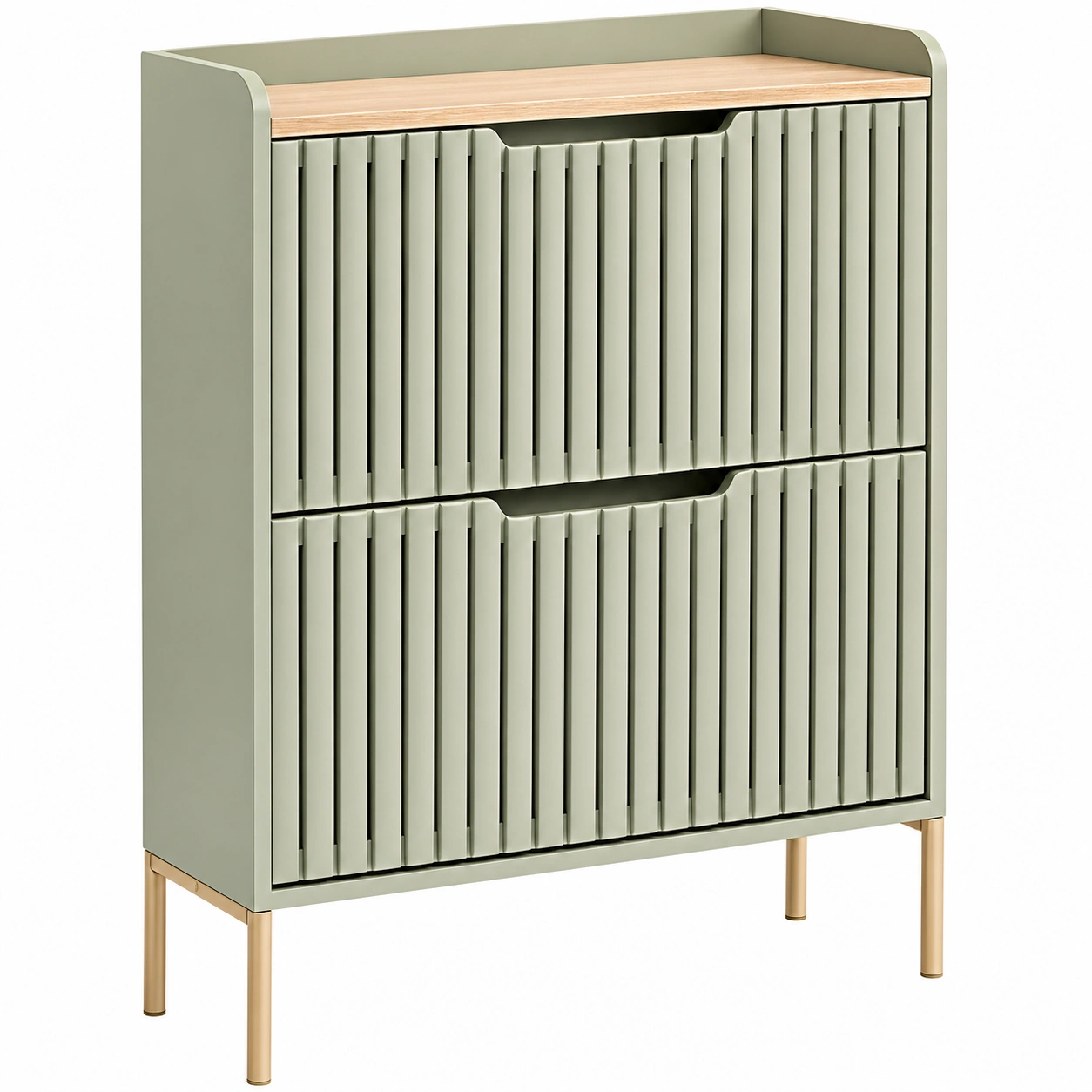 Zapatero moderno con paneles acanalados en Verde Salvia y patas metálicas doradas-cartrenoza