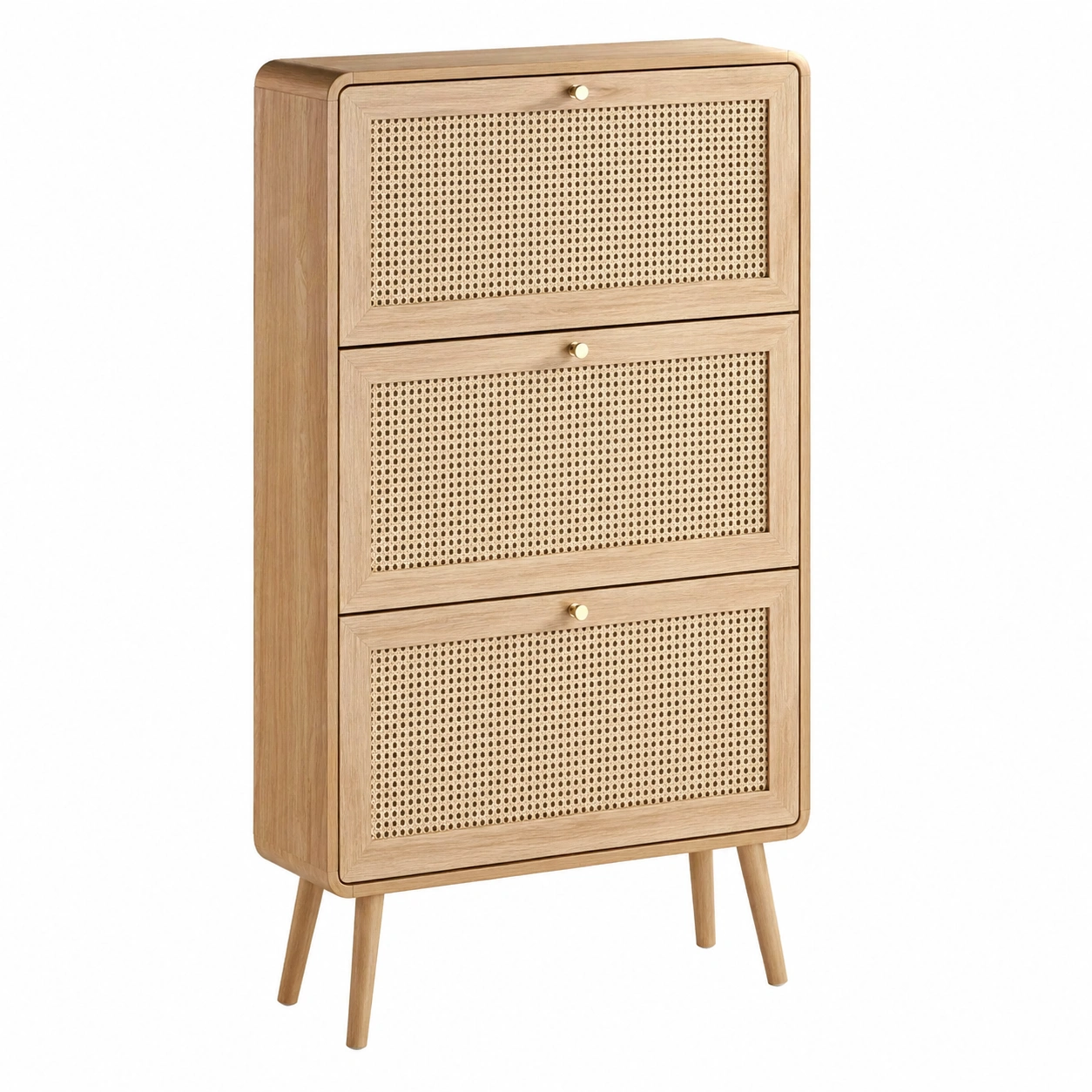 Zapatero de dise?o nórdico con rejilla de ratán y patas elevadas – Madera natural-cartrenoza