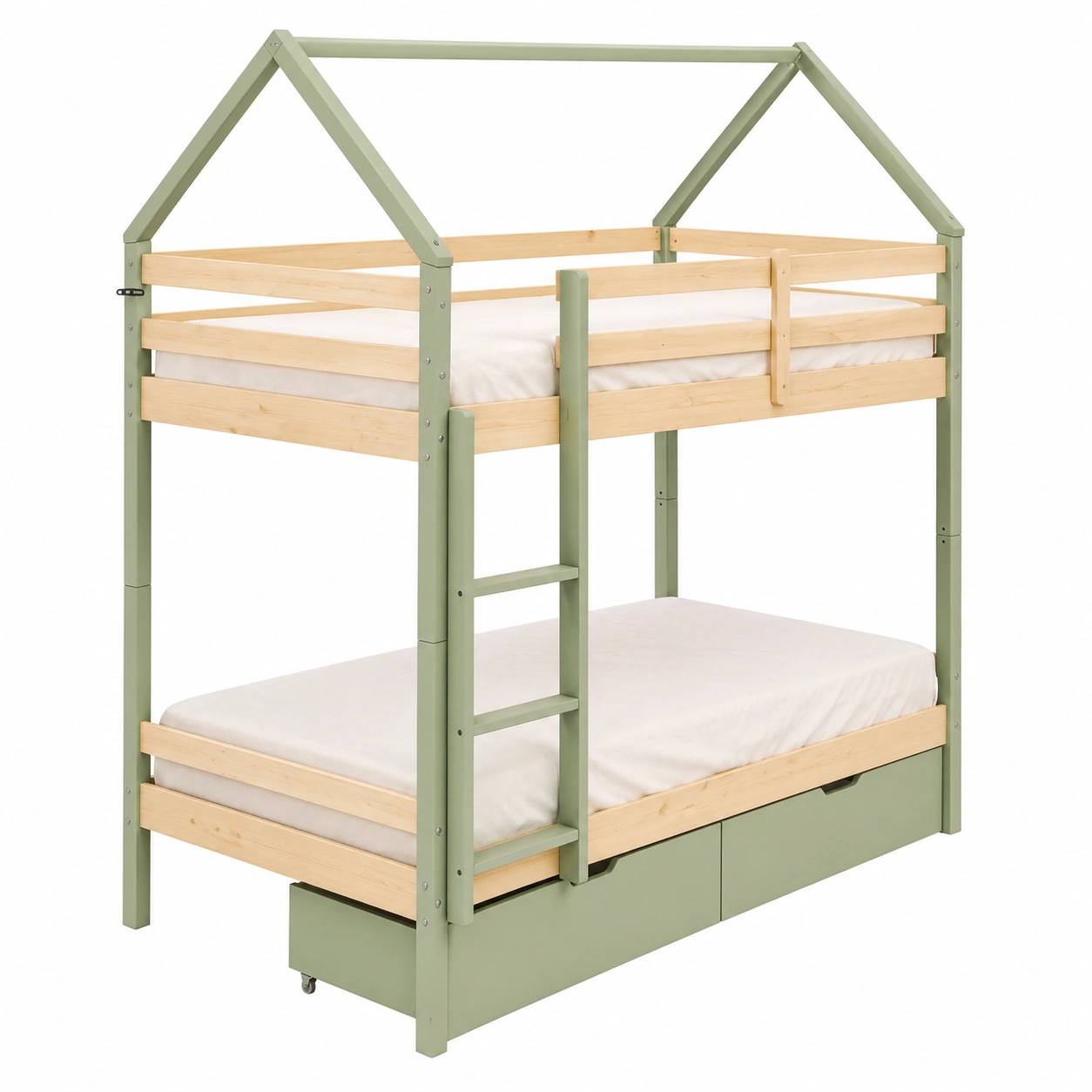 Litera infantil estilo casa con cajones de almacenamiento 90 x 200 cm madera natural y verde-cartrenoza