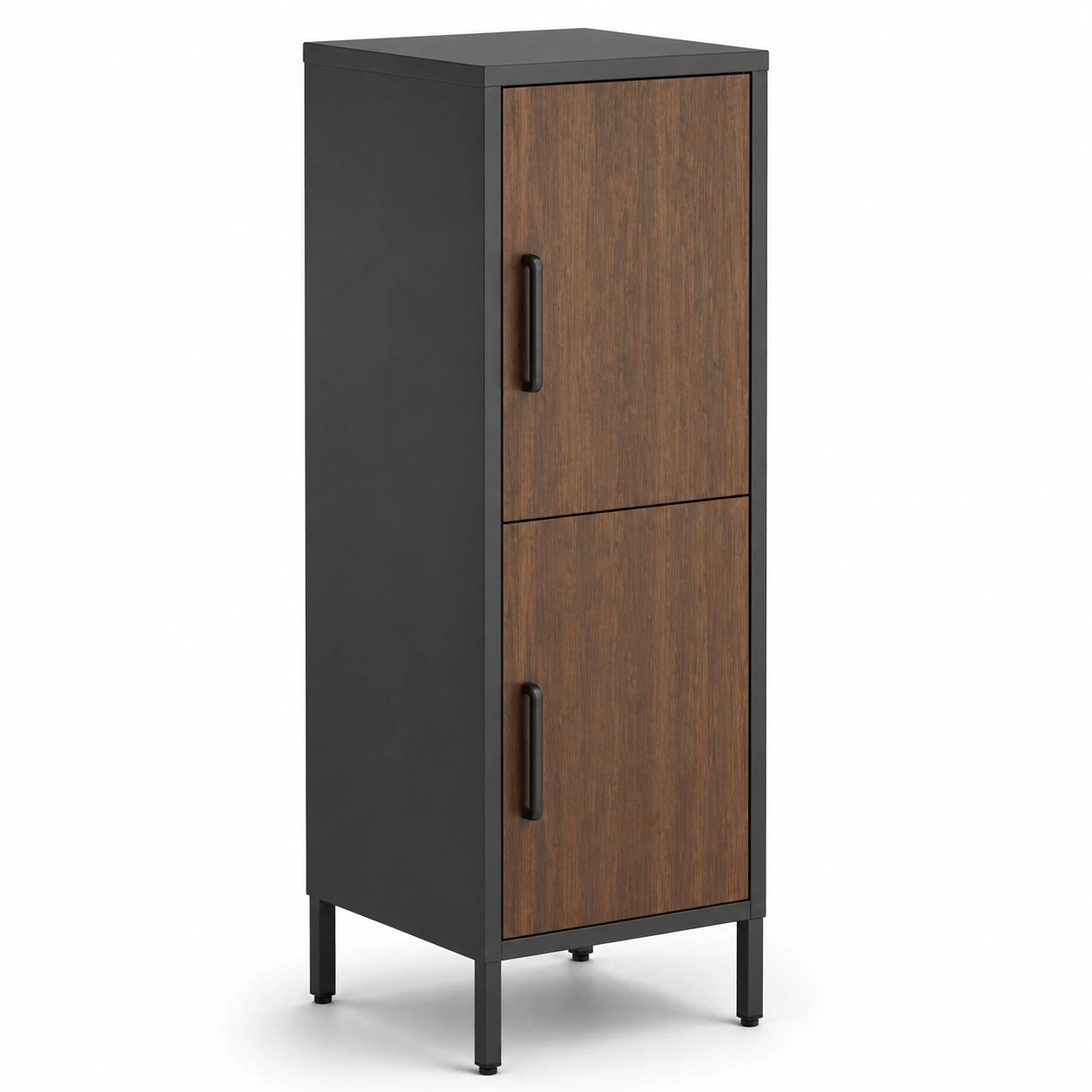 Armario alto de oficina con puertas dobles en metal negro y acabado madera-cartrenoza