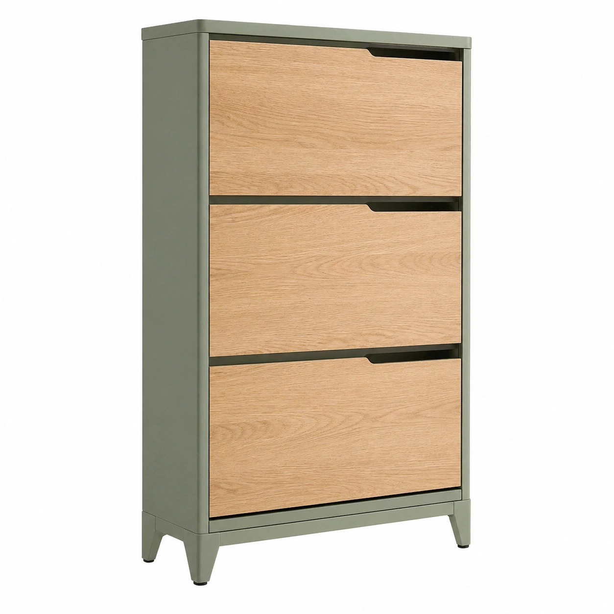 Zapatero moderno con almacenamiento 3 niveles color verde oliva y madera natural-ordernivo