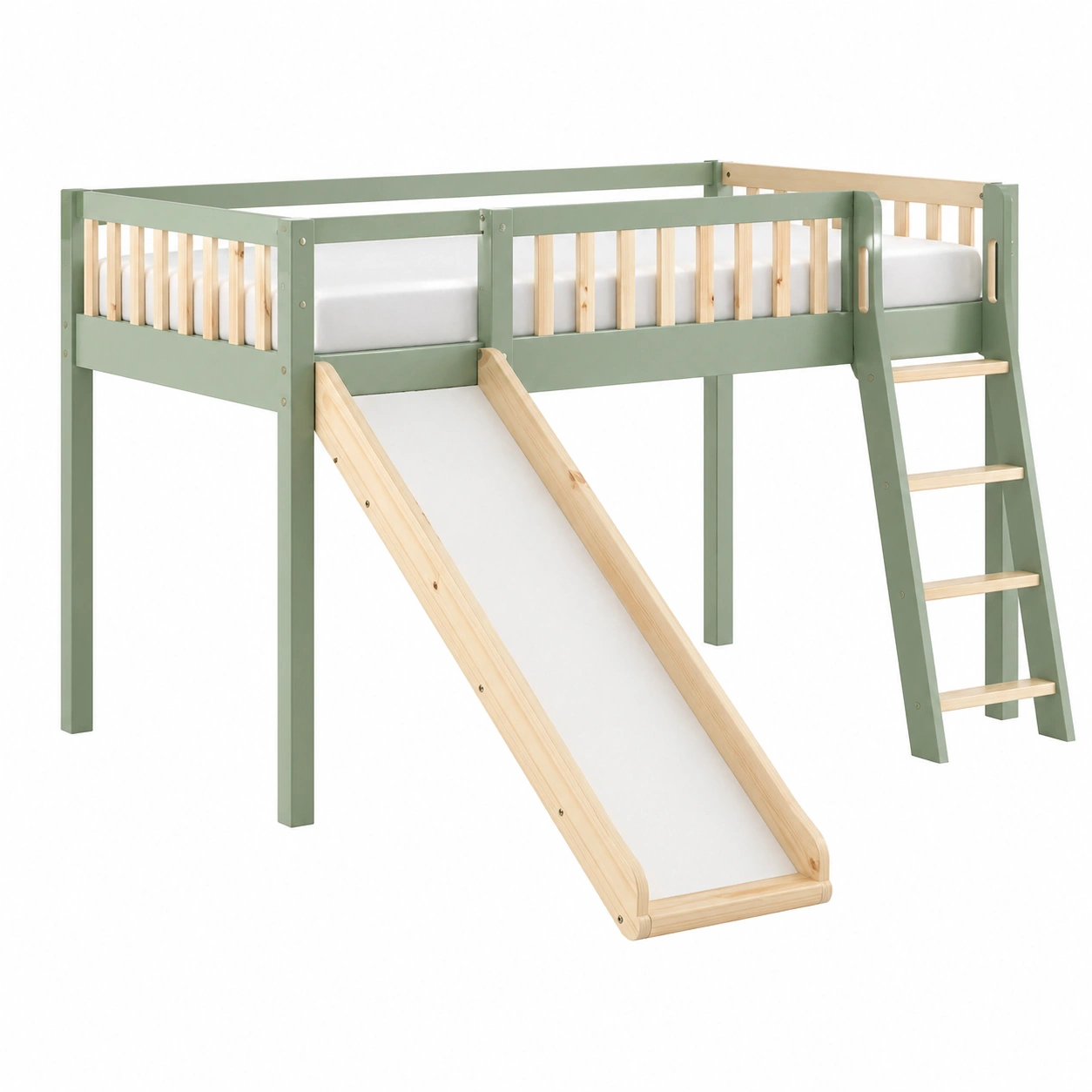 Cama alta infantil de madera de pino 90 x 200 cm con tobogán y escalera – Verde suave-ordernivo