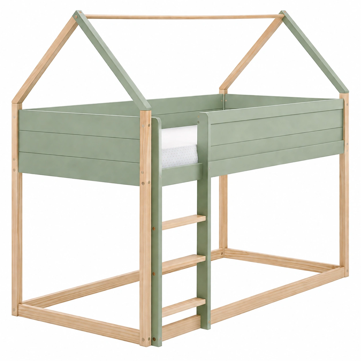 Cama alta infantil estilo casa en madera natural y verde oliva 90x200 cm-ordernivo