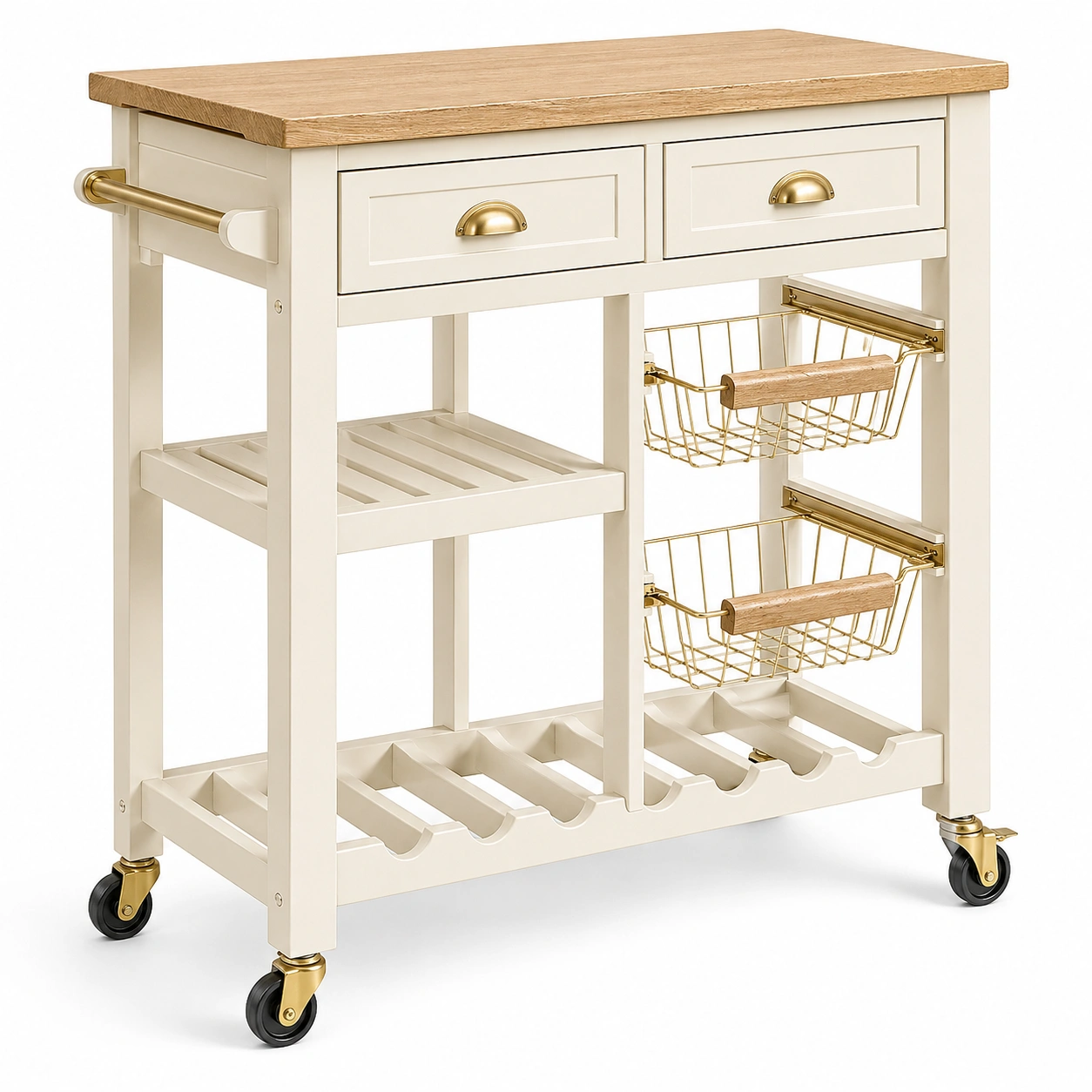 Carrito de cocina multifuncional con encimera de madera y cajones, dise?o con ruedas y almacenaje lateral en cestas metálicas color crema-ordernivo