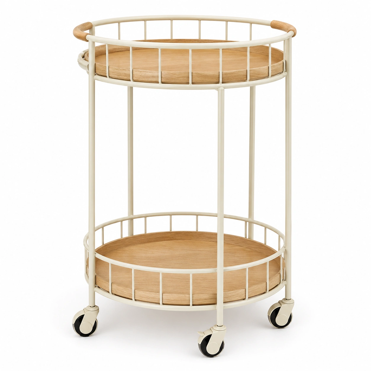 Carrito auxiliar de cocina redondo con doble bandeja y ruedas en acabado crema y madera natural-ordernivo