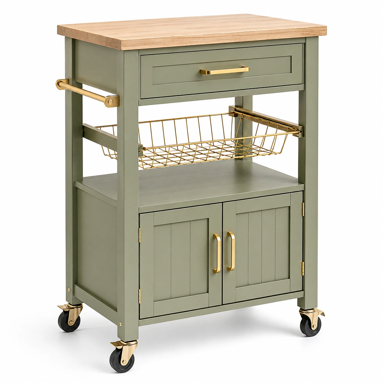 Carrito de cocina multifuncional con encimera de madera y ruedas estilo moderno verde oliva-ordernivo