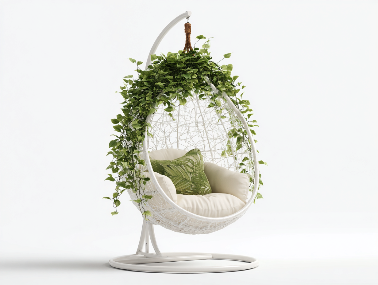 Poltrona sospesa da giardino - Rattan sintetico-Metallo-Tessuto - 104x98x190 cm - Bianco - Stile naturale moderno-Dacorloft