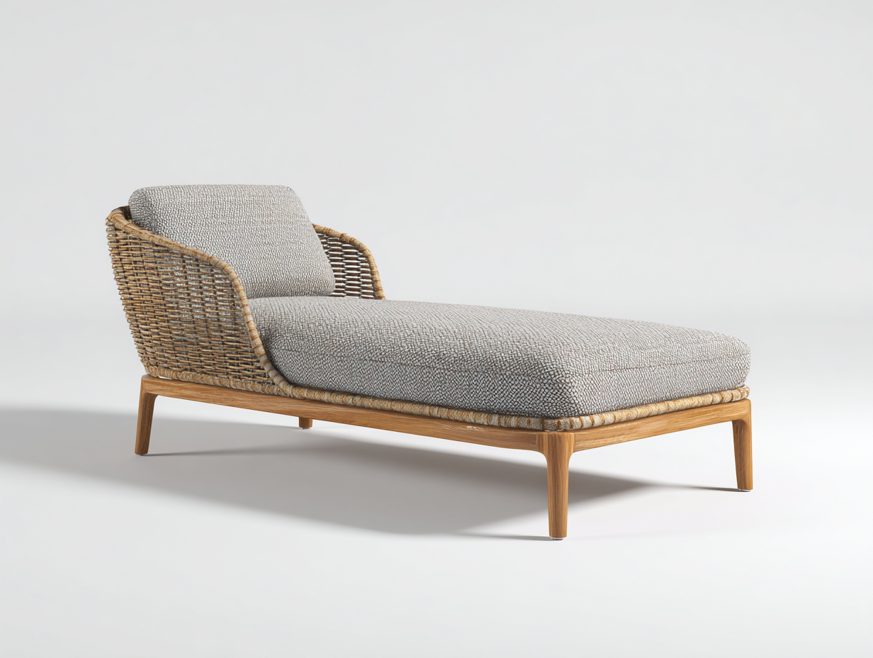 Lettino prendisole-rattan sintetico-legno-poliestere-206x73x80 cm-naturale-beige-design moderno con braccioli-Dacorloft