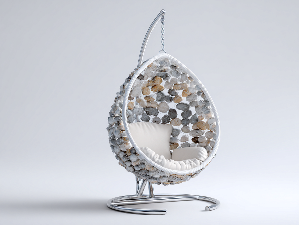Poltrona sospesa da giardino - Pietra decorativa-Metallo-Tessuto - 100x92x185 cm - Grigio-Beige-Bianco - Stile naturale contemporaneo-Dacorloft