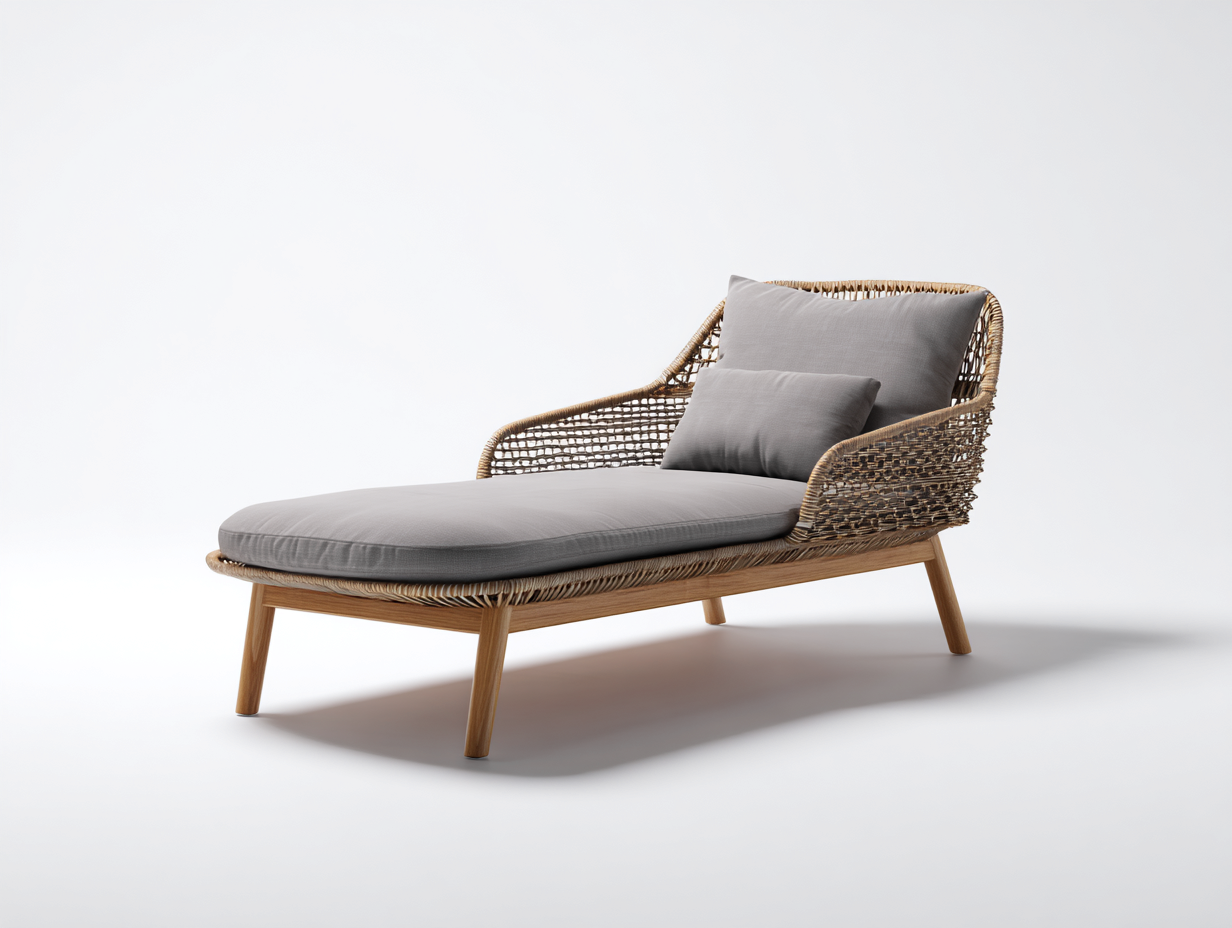 Lettino prendisole-rattan sintetico-legno-poliestere-205x71x79 cm-naturale-grigio-design moderno con braccioli-Dacorloft