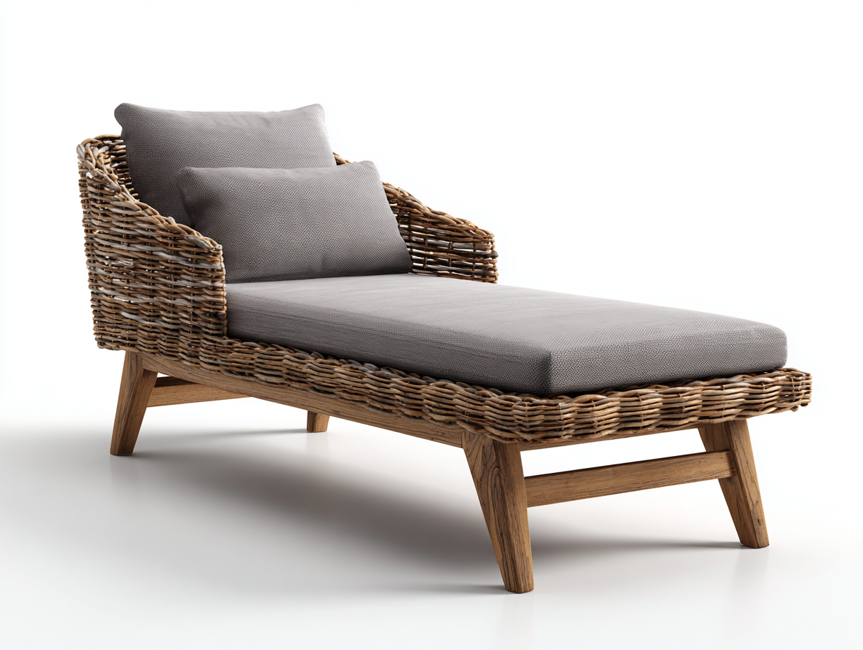Lettino prendisole-rattan sintetico-legno-poliestere-204x70x82 cm-naturale-grigio-design moderno con braccioli-Dacorloft