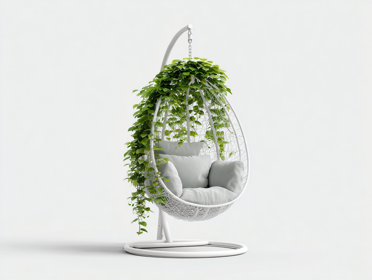 Poltrona sospesa da giardino - Rattan sintetico-Metallo-Tessuto - 103x97x189 cm - Bianco - Stile naturale moderno-Dacorloft