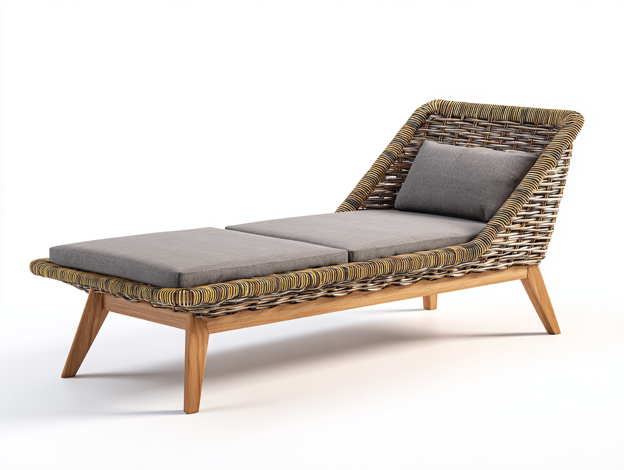 Lettino prendisole-rattan sintetico-legno-poliestere-208x72x83 cm-naturale-grigio-design moderno reclinabile con braccioli-Dacorloft