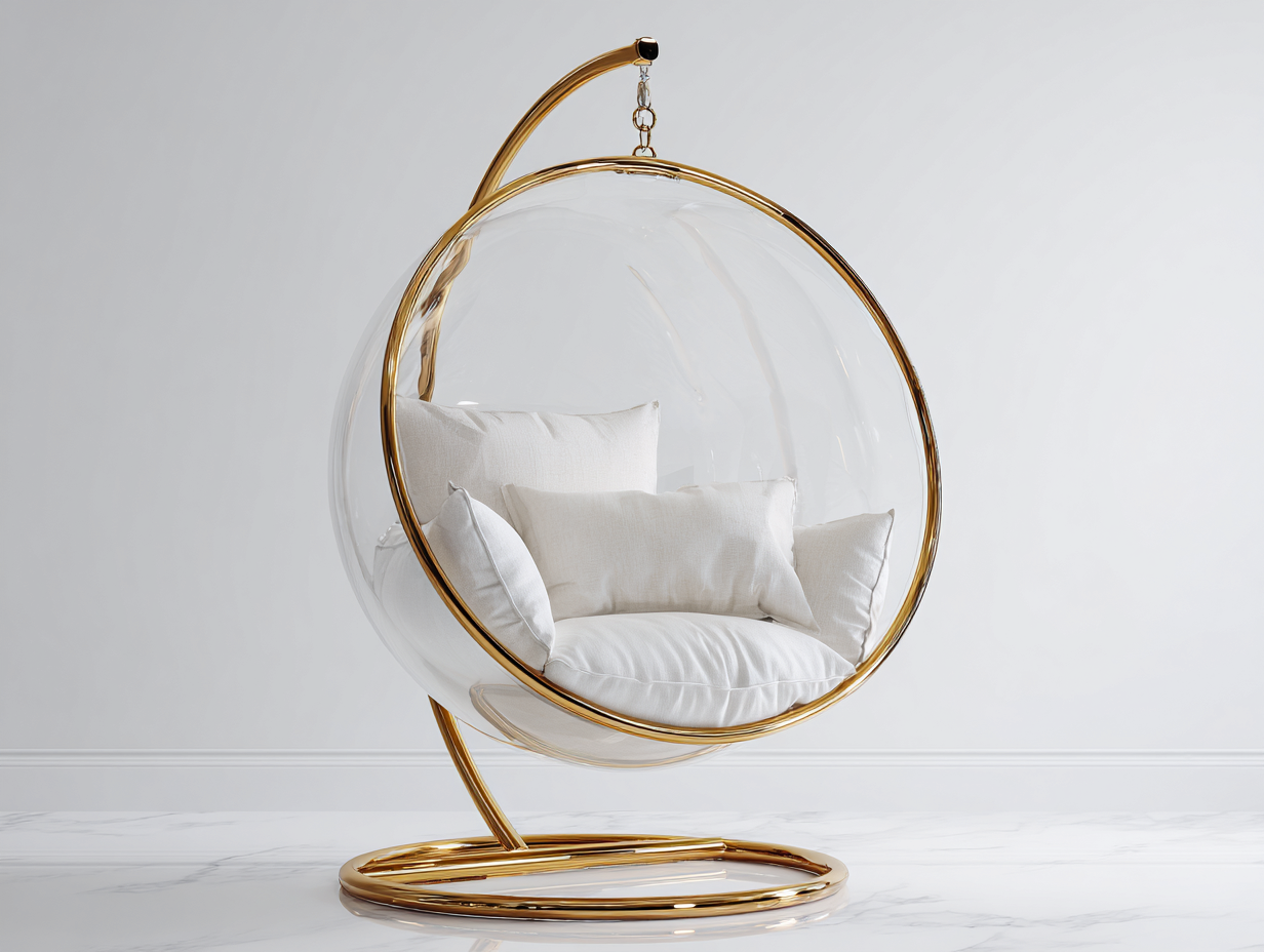 Poltrona sospesa da giardino - Acrilico-Metallo-Tessuto - 108x102x192 cm - Trasparente-Bianco-Oro - Stile moderno minimalista-Dacorloft