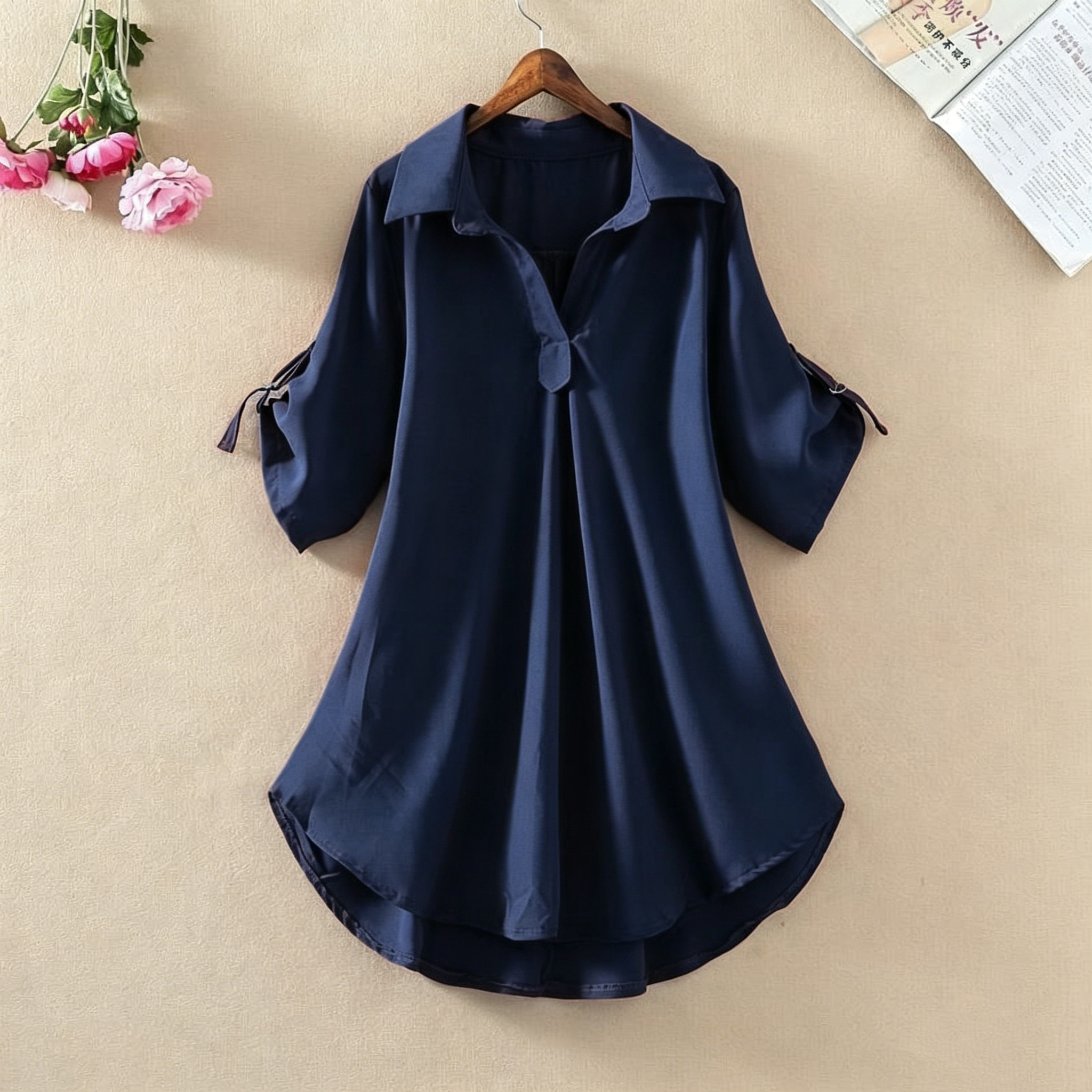 Women's Casual V-Neck Roll-Tab Sleeve Blouse